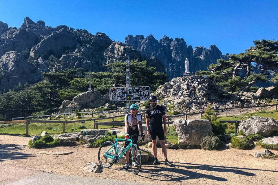 Pair of cyclists at Bocca di Bavedda on Marmot Tours guided road cycling holiday in Corsica