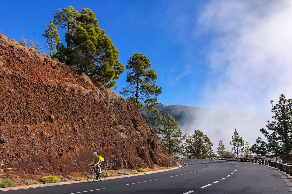 Cyclist climbing through clouds past red rock embankment on Marmot Tours guided road cycling tour Tenerife