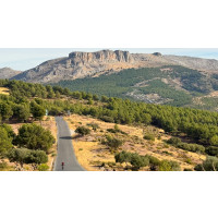 A distant cyclist rides along a road through forests and rocky hills on a hot sunny day in Andalusia on Marmot Tours group cycling tour.